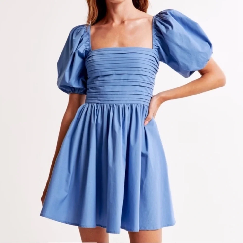 abercrombie blue dress puff sleeve Women's The A&F Emerson Poplin Puff Sleeve Mini Dress | Women's Clearance